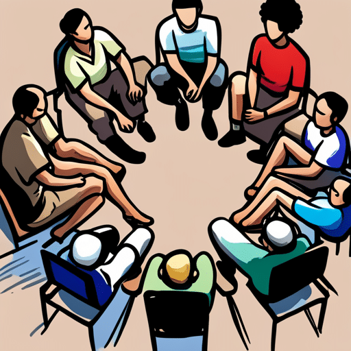 An image depicting a diverse group of people sitting in a circle, legs crossed, with one person's leg gently touching another's