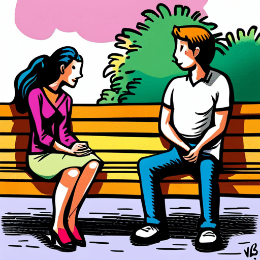 An image showing a woman and a man sitting side by side on a park bench