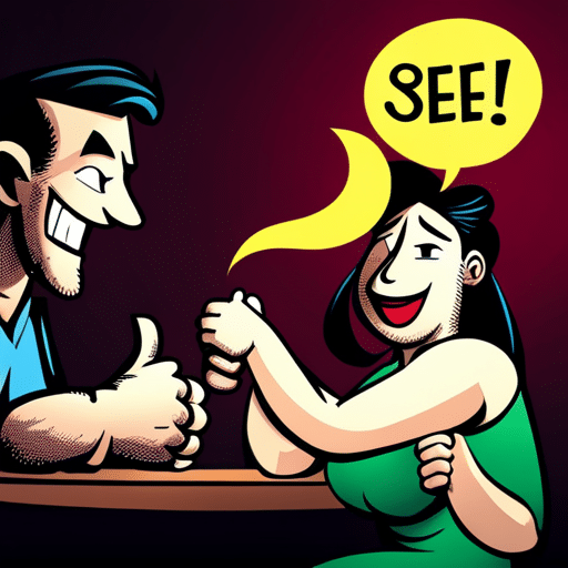 An image of a woman playfully squeezing a man's bicep, with a mischievous smile on her face