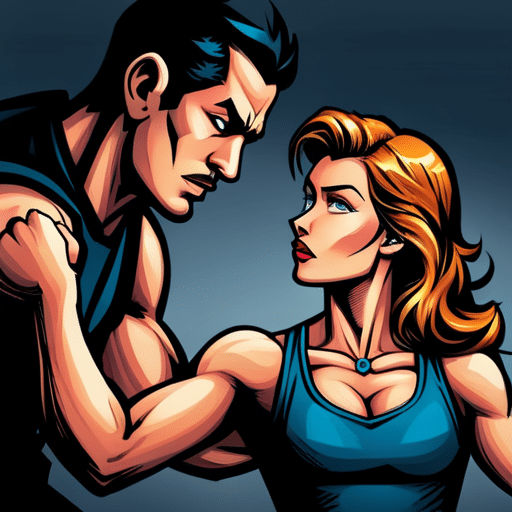 An image of a woman squeezing a man's bicep with a focused expression, testing his strength