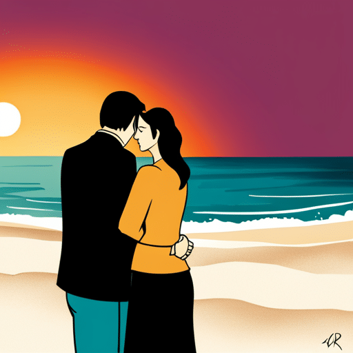 An image capturing a serene sunset beach scene, where a couple stands close together