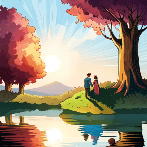 An image of a woman standing by a serene lake, with sunlight filtering through the trees