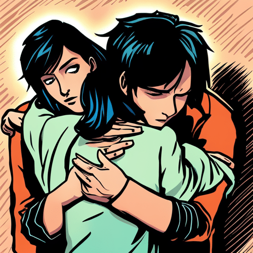 An image portraying a couple in a dimly lit room; the guy, with a tender expression, wraps his arms around the girl from behind, while she leans into him, eyes closed, as if longing for his touch