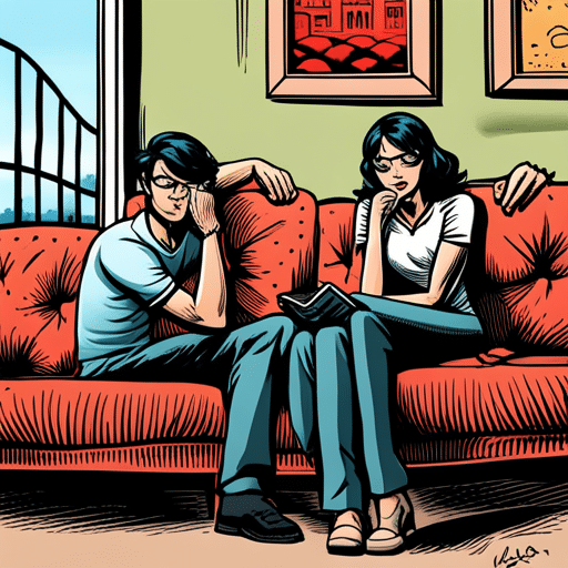 An image showcasing a couple sitting on a couch, one partner looking hurt while the other wears a defensive expression
